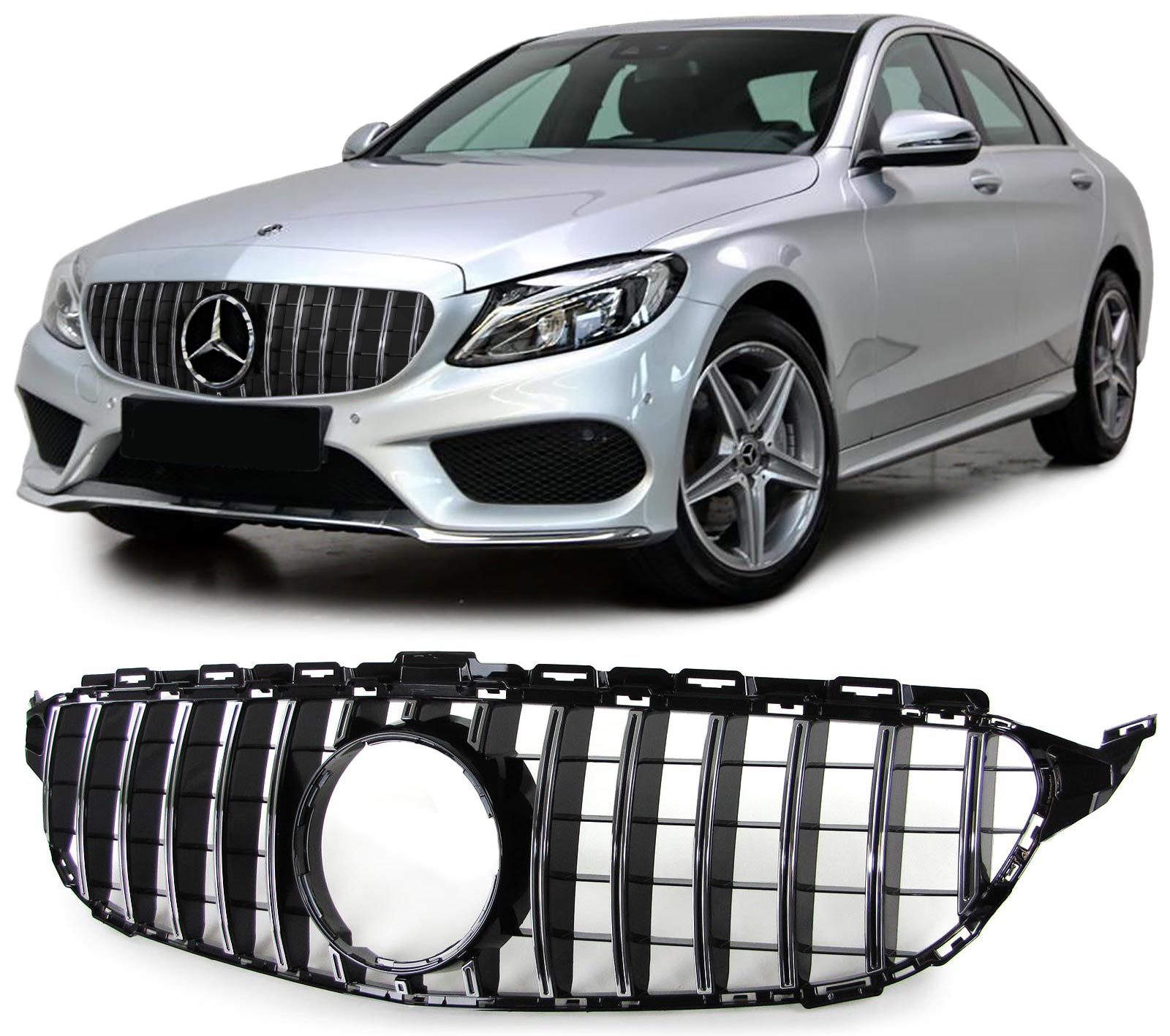Mercedes GT-grill AMG look panamerican C-klass W205 14-18 (Svart/Krom) 1 Mercedes GT-grill AMG look panamerican C-klass W205 14-18 (Svart/Krom)