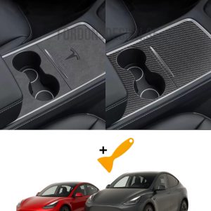Färdigskuren vinyl passande Tesla model 3/Y – Mittkonsol skydd i "Alcantara" & "Kolfiber"